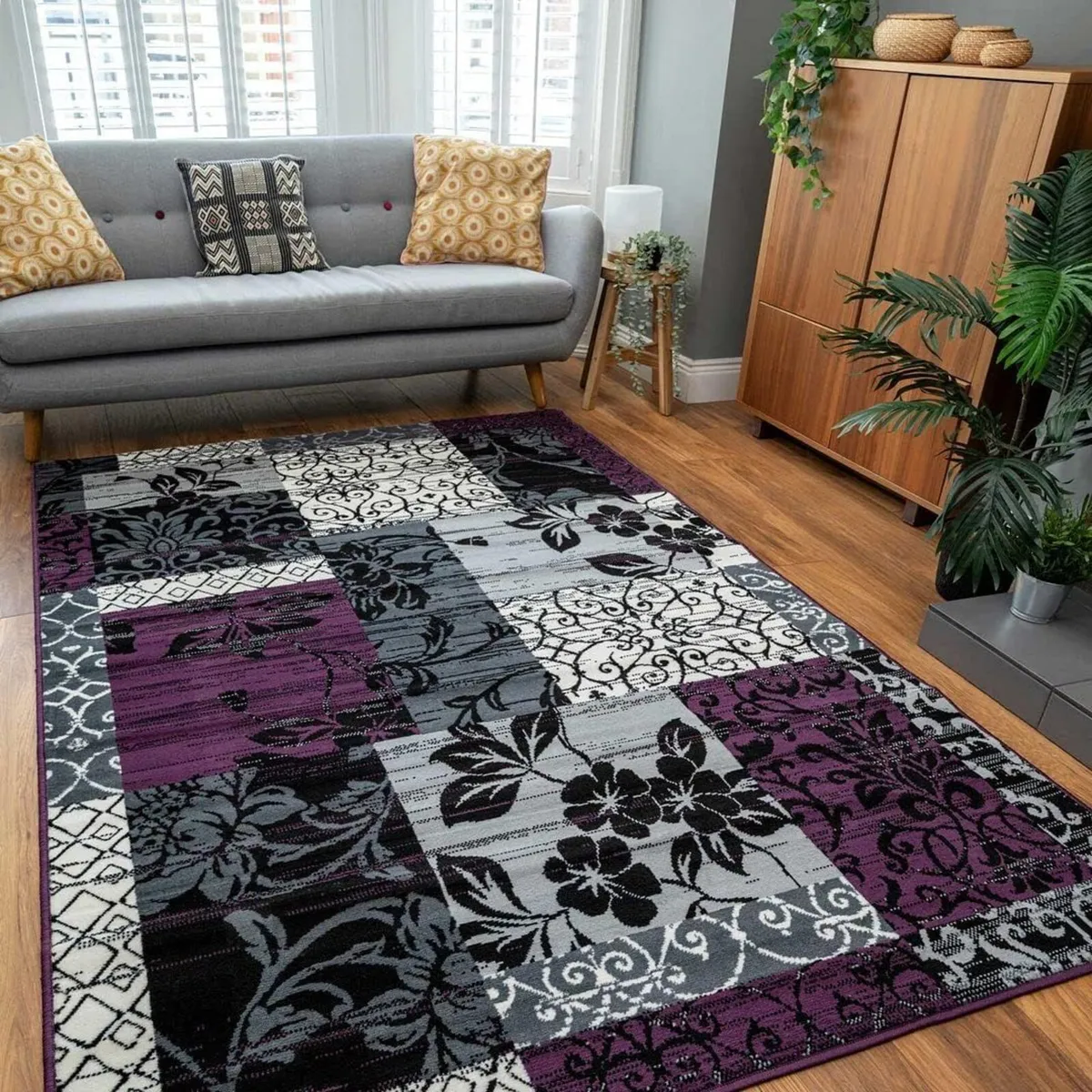 Modern Floral Patchwork Grey Durable Living Room - Image 1