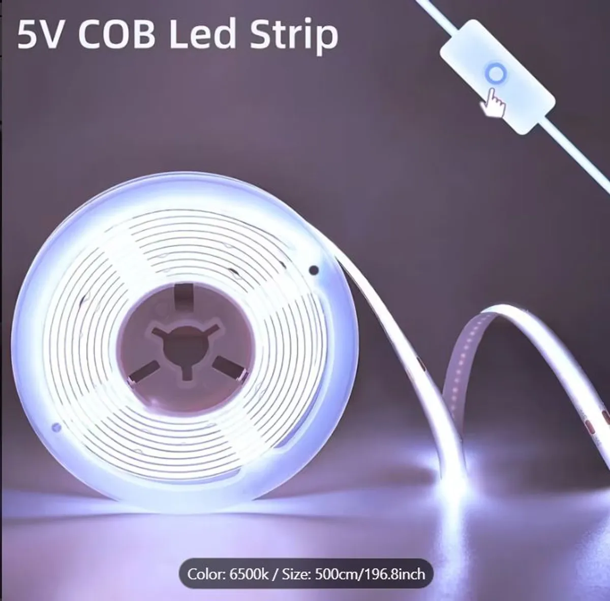 COB LED strip light, 320 LEDs per meter, high brightness, DC 5V USB interface, pushable switch - Image 1