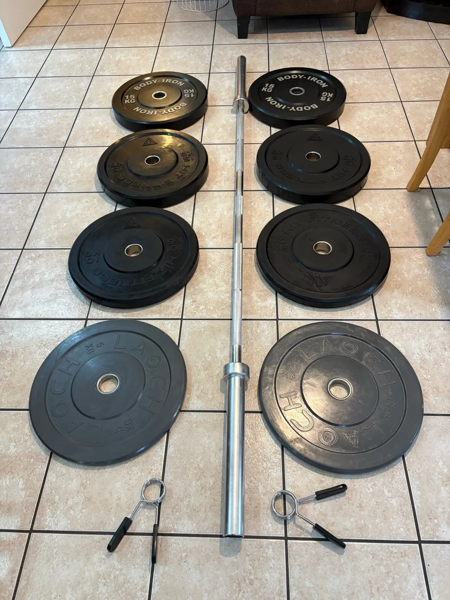 OLYMPIC BUMPER WEIGHT PLATES + 20KG BAR! - Image 1