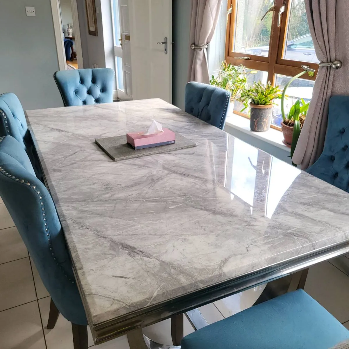 Dining table and blue suede chairs - Image 1