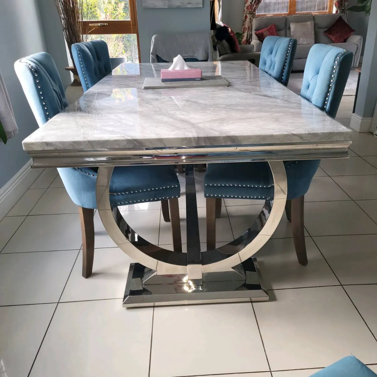 Dining table and blue suede chairs - Image 4