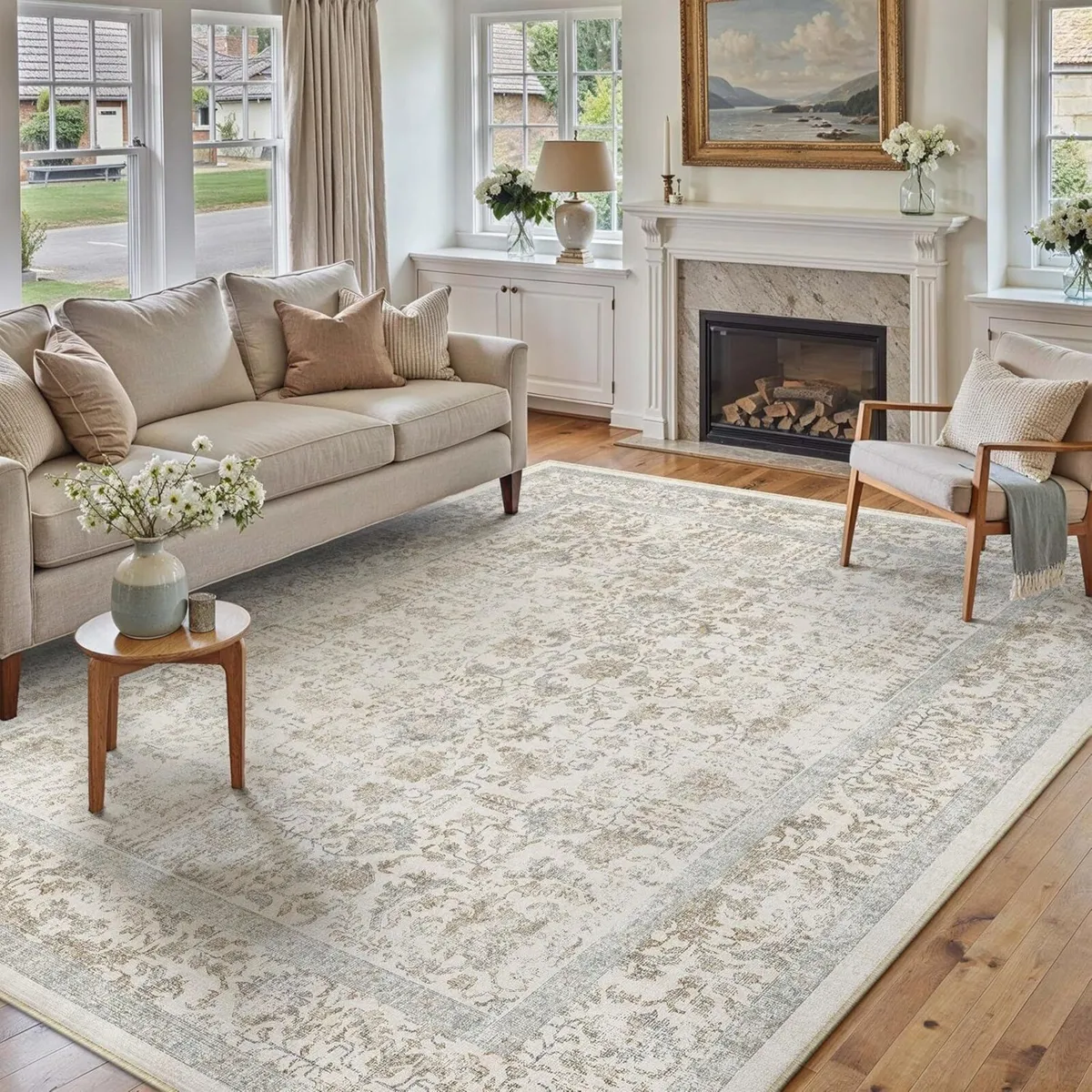 Vintage Taupe Rugs Living Room Washable Non Slip - Image 1