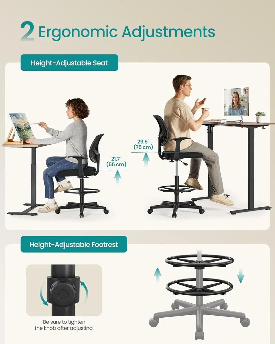 Drafting Stool Chair with Armrest Mesh Office - Image 4