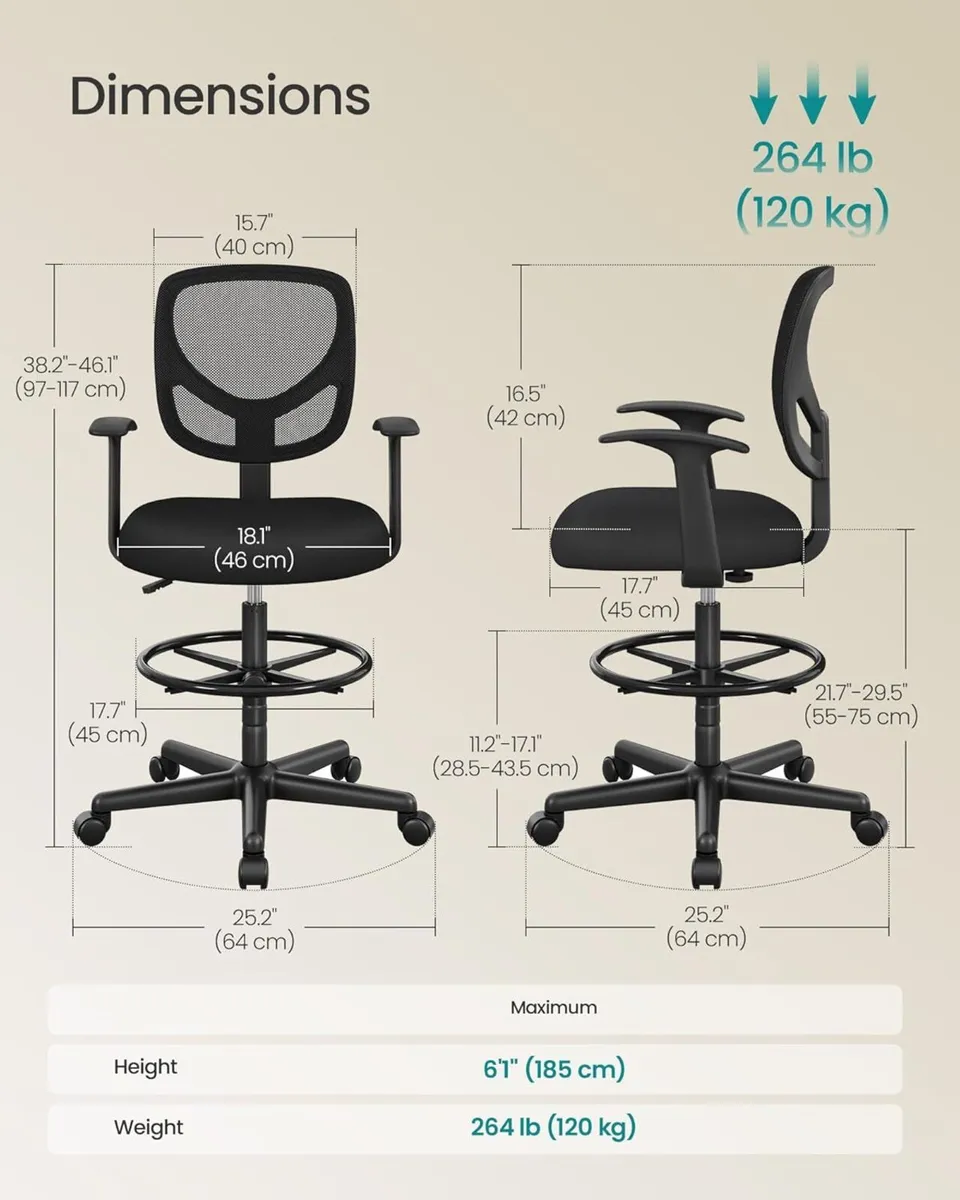 Drafting Stool Chair with Armrest Mesh Office - Image 3