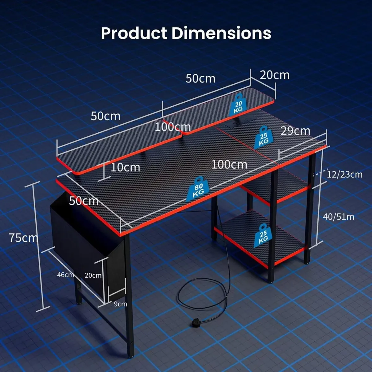 Gaming Desk with LED Lights Power Outlets - Image 2