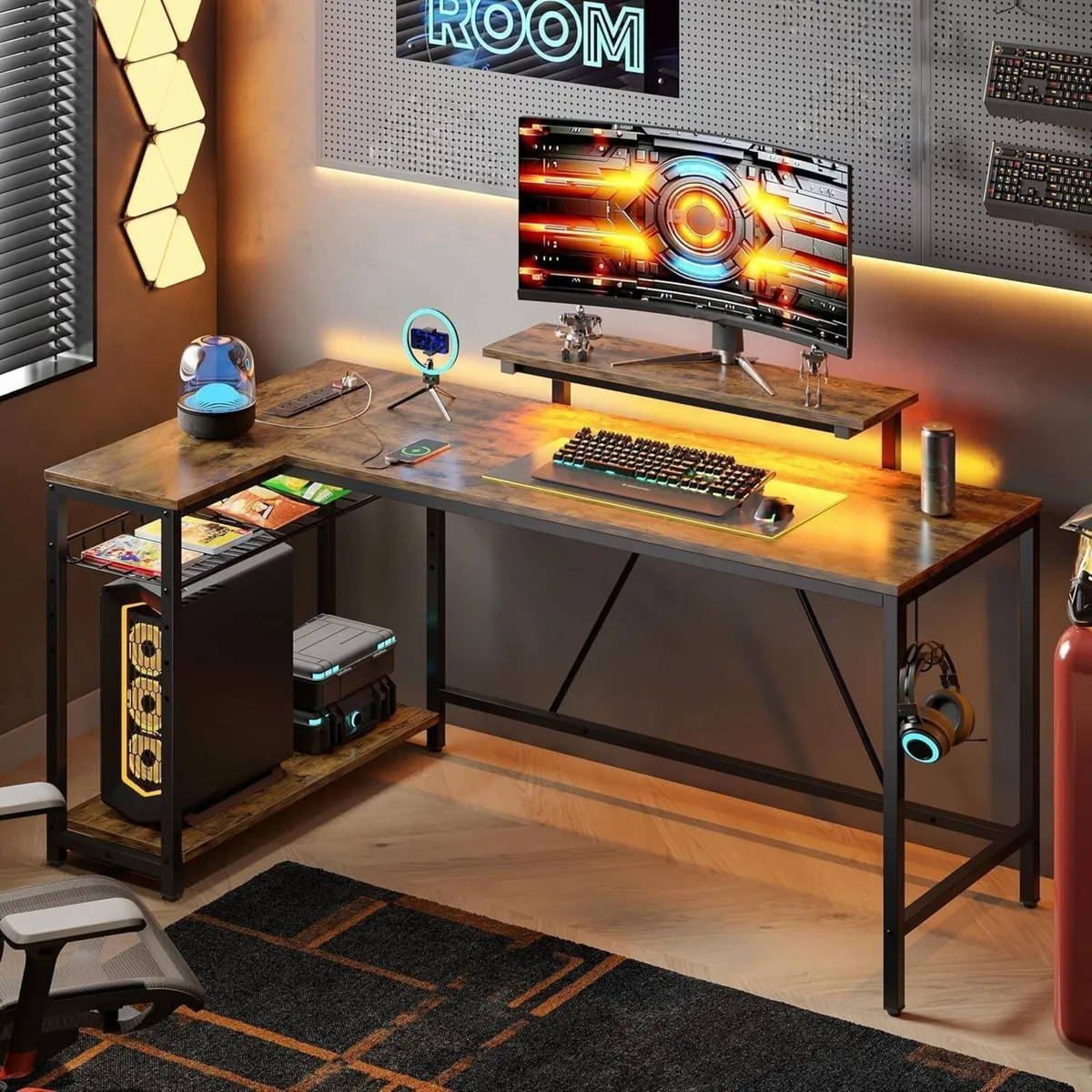 147CM L-Shaped Desk with Power Outlets LED Lights - Image 2