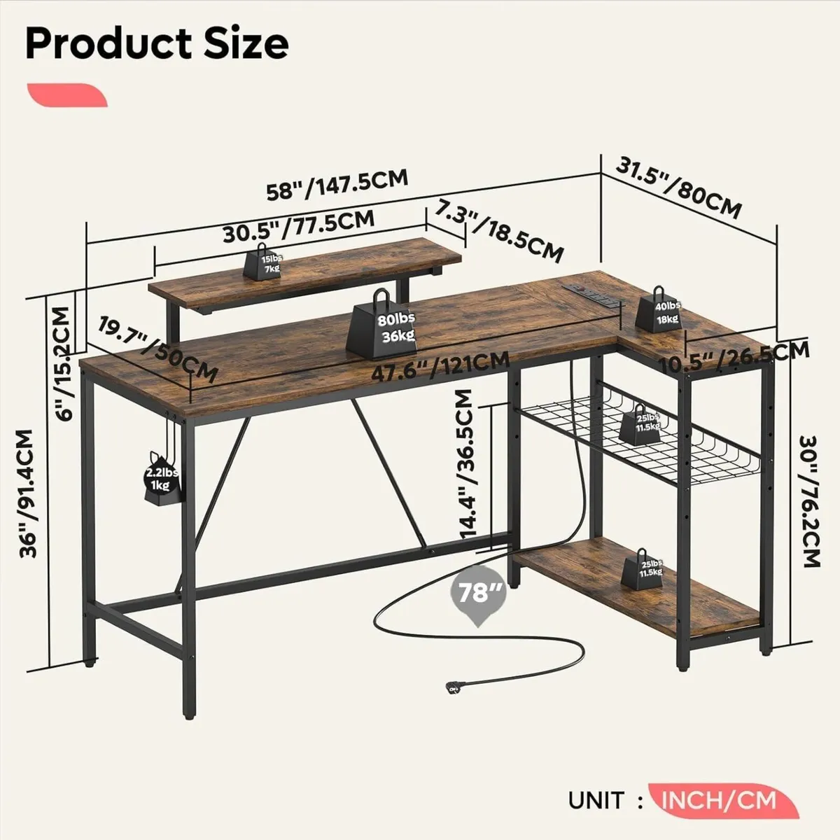147CM L-Shaped Desk with Power Outlets LED Lights - Image 3