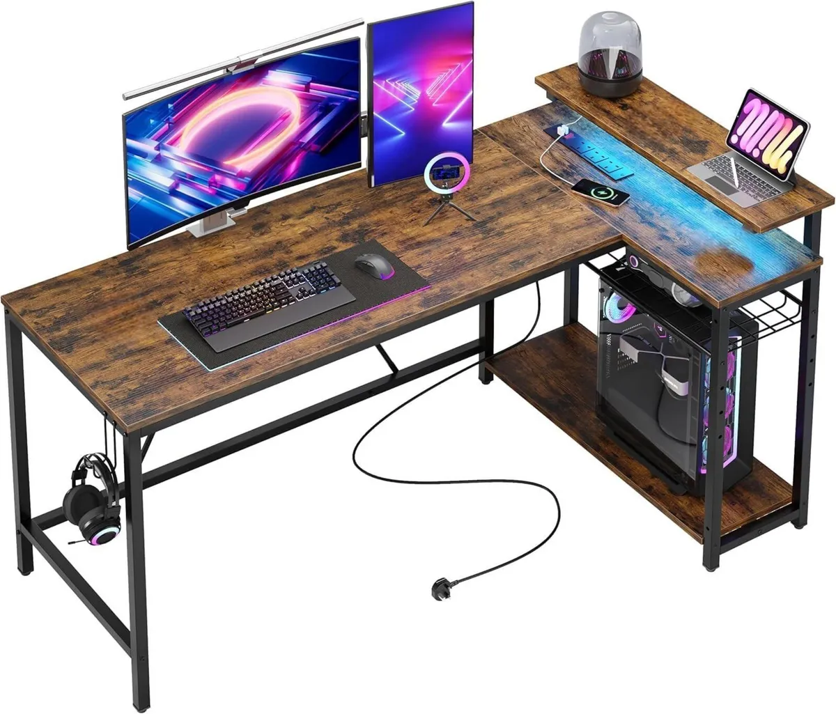 147CM L-Shaped Desk with Power Outlets LED Lights - Image 1