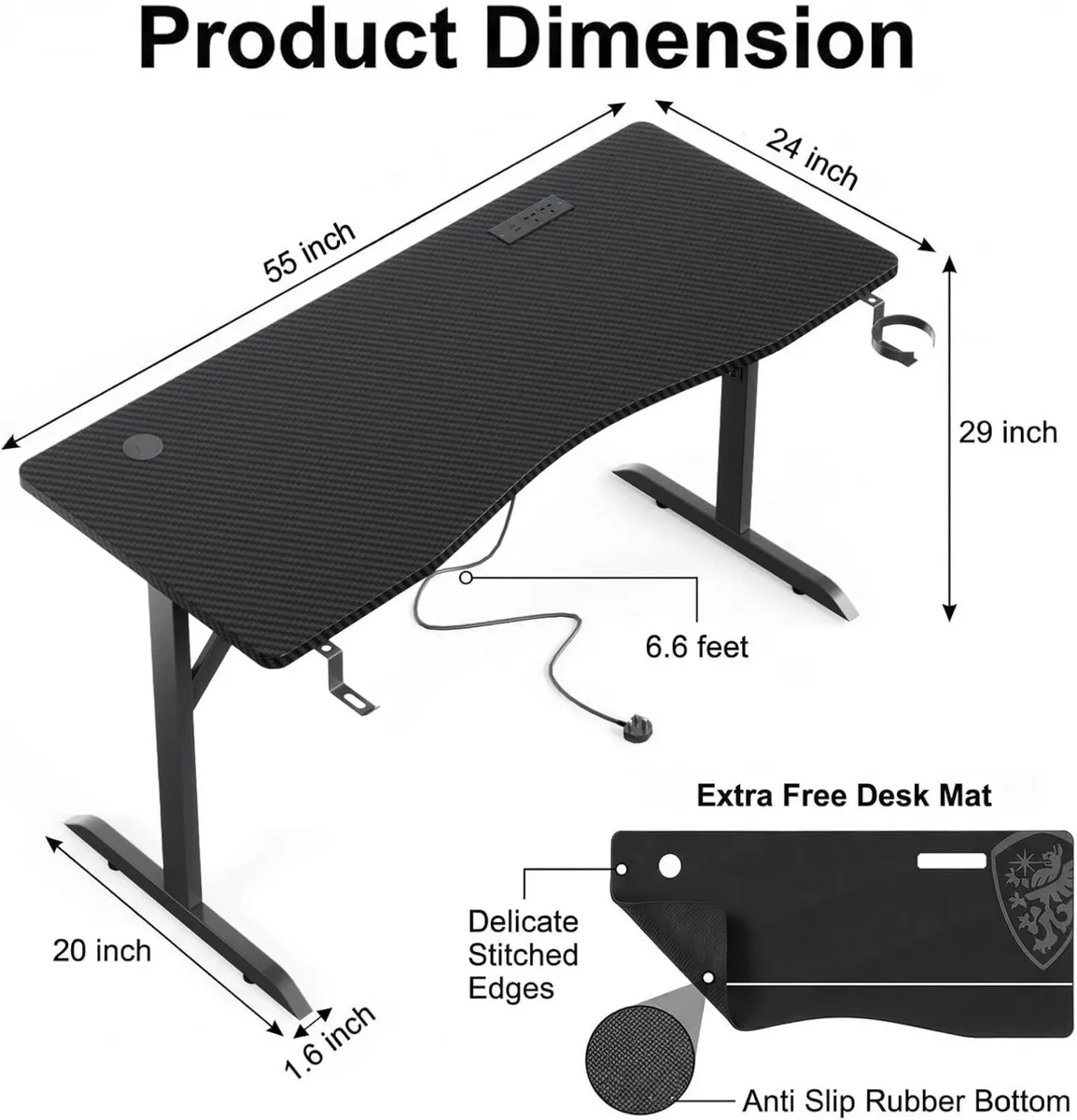 140x60cm Gaming Desk with Power Outlets Cable - Image 3