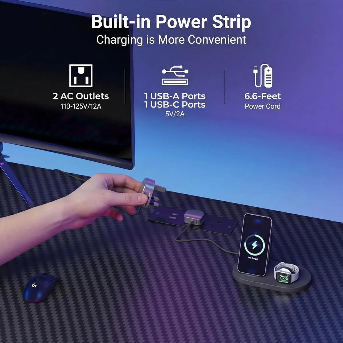 140x60cm Gaming Desk with Power Outlets Cable - Image 4