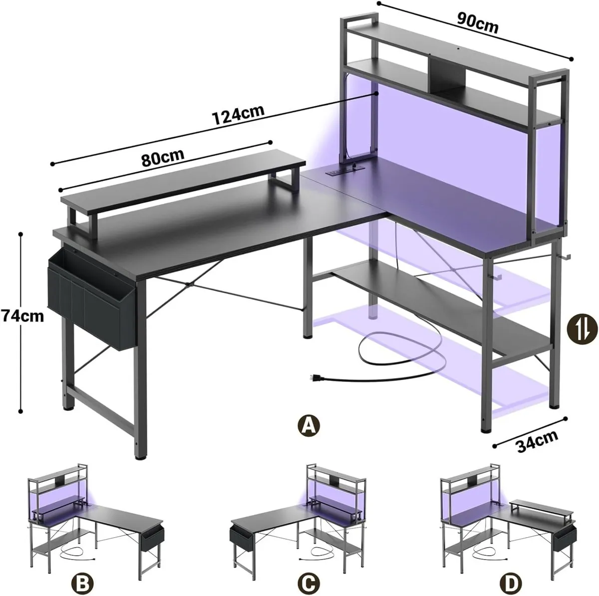 L Shaped Gaming Desk with Power Outlets LED - Image 2