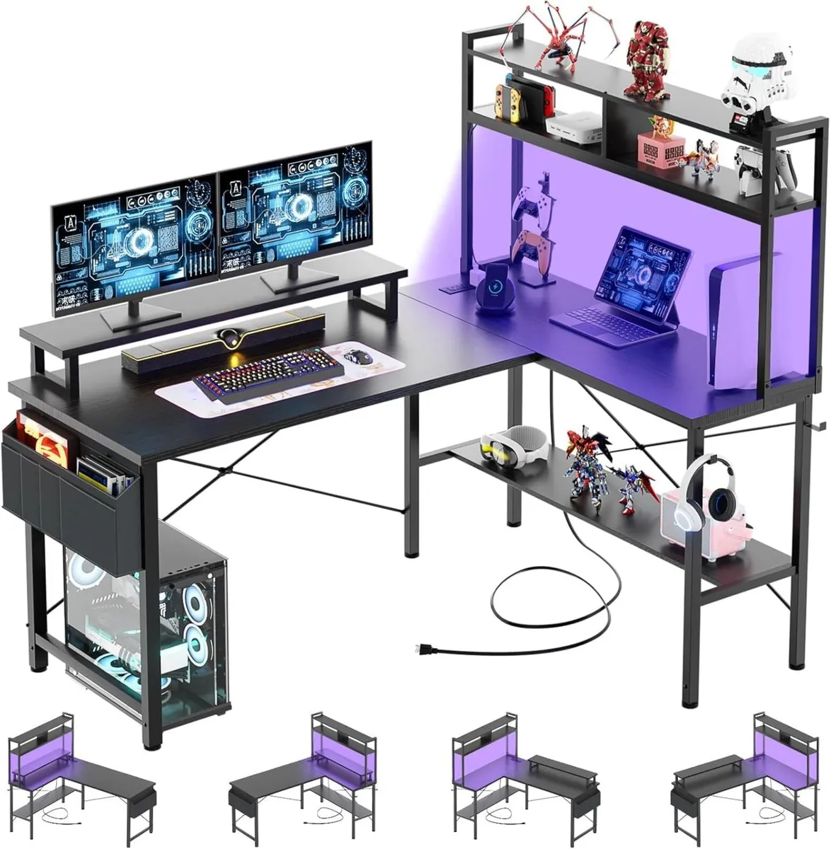 L Shaped Gaming Desk with Power Outlets LED - Image 1