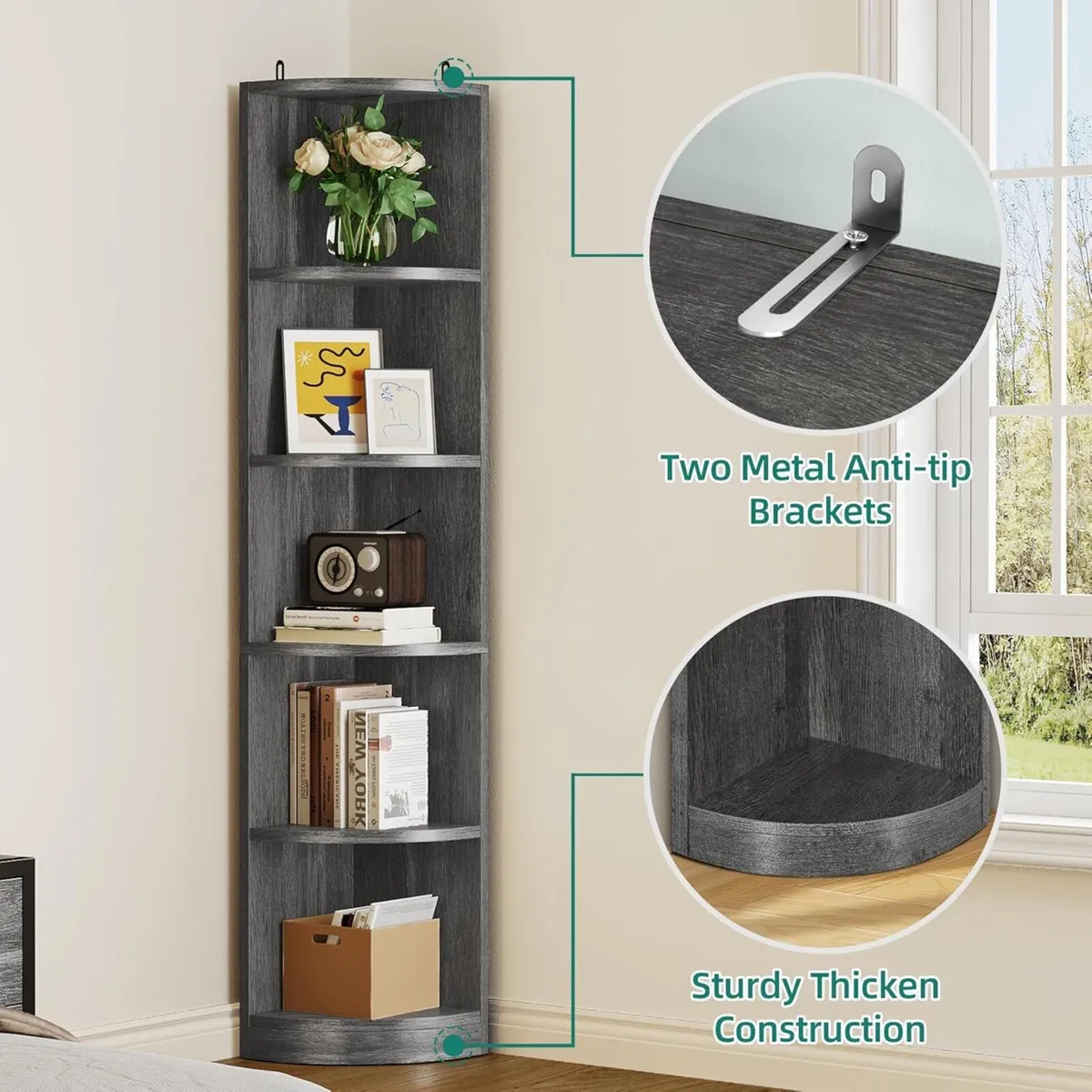 5-Tier Corner Shelf Modern Free Standing Bookshelf - Image 3