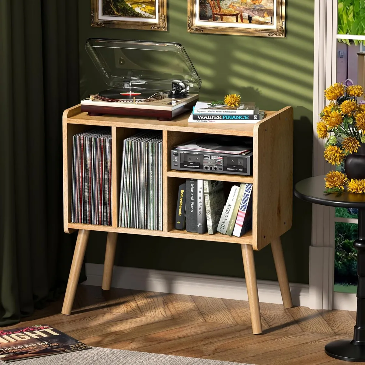 Record Player Table Mid-Century Stand with Vinyl - Image 1