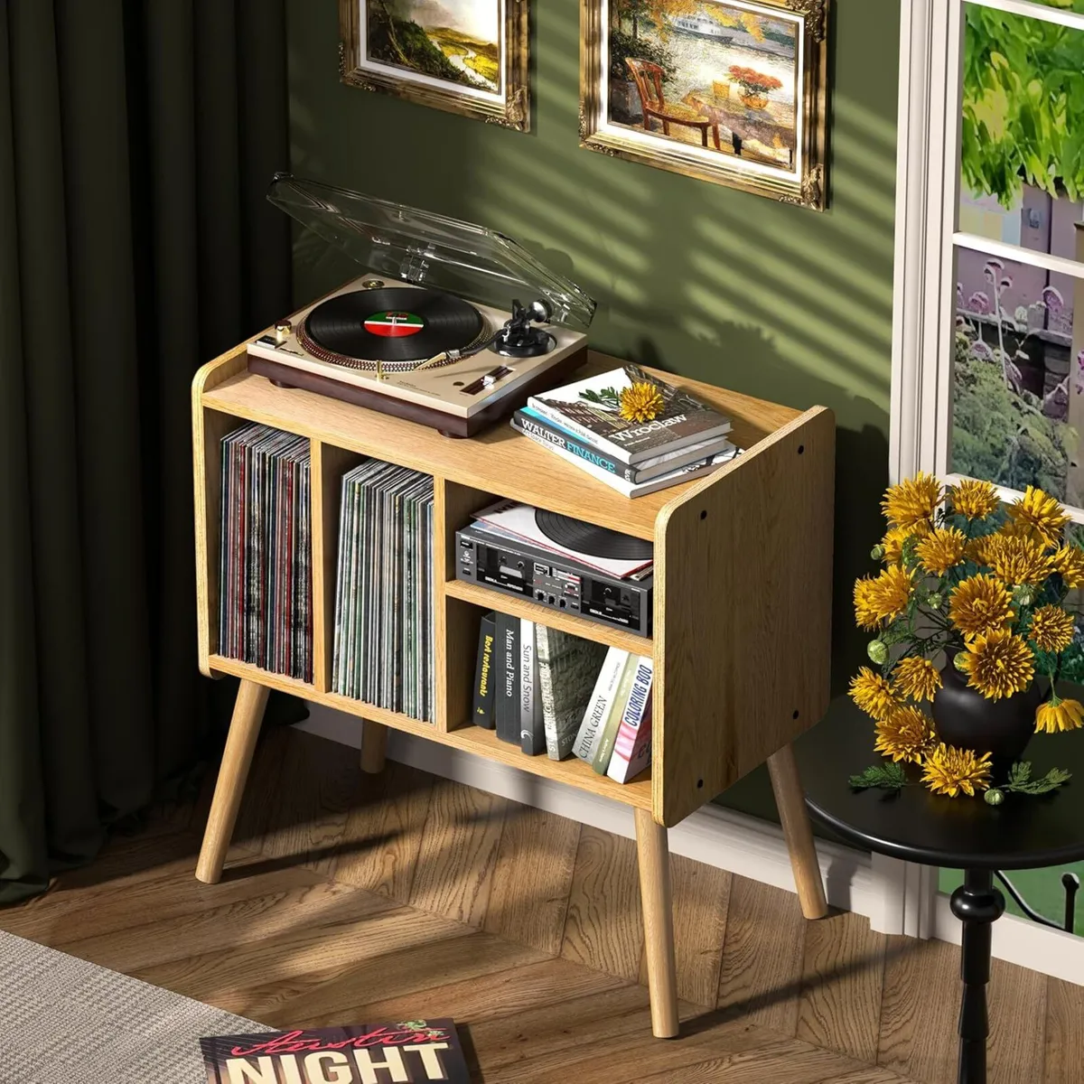 Record Player Table Mid-Century Stand with Vinyl - Image 3