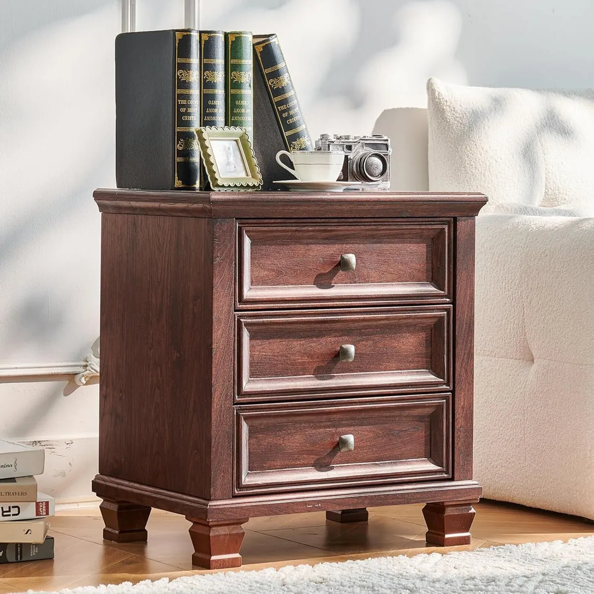 Farmhouse Nightstand with 3 Drawers Rustic Couch - Image 1