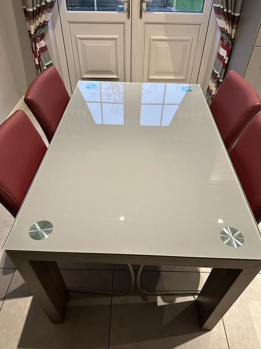 Grey Glass & Wood Dining Table & Leather Chairs - Image 2