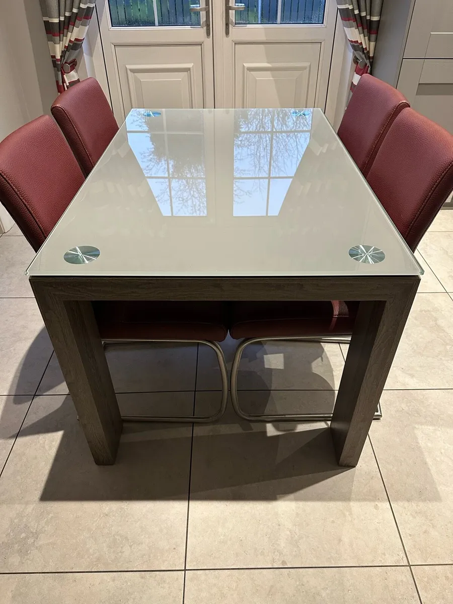 Grey Glass & Wood Dining Table & Leather Chairs - Image 1
