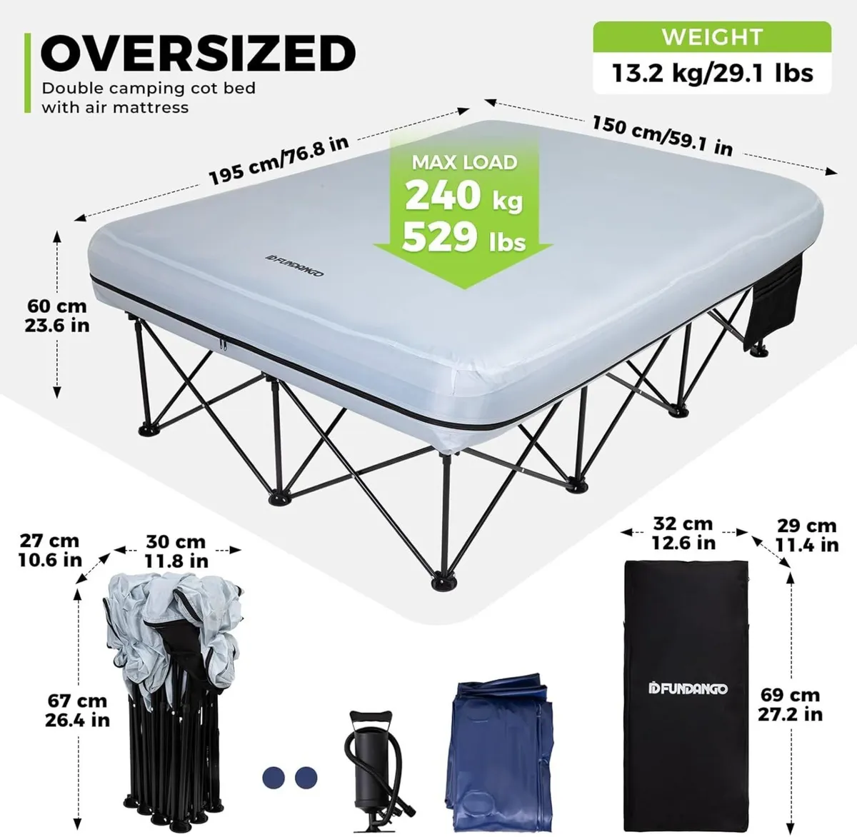 Double Camping Bed with Inflatable Air Mattress - Image 2