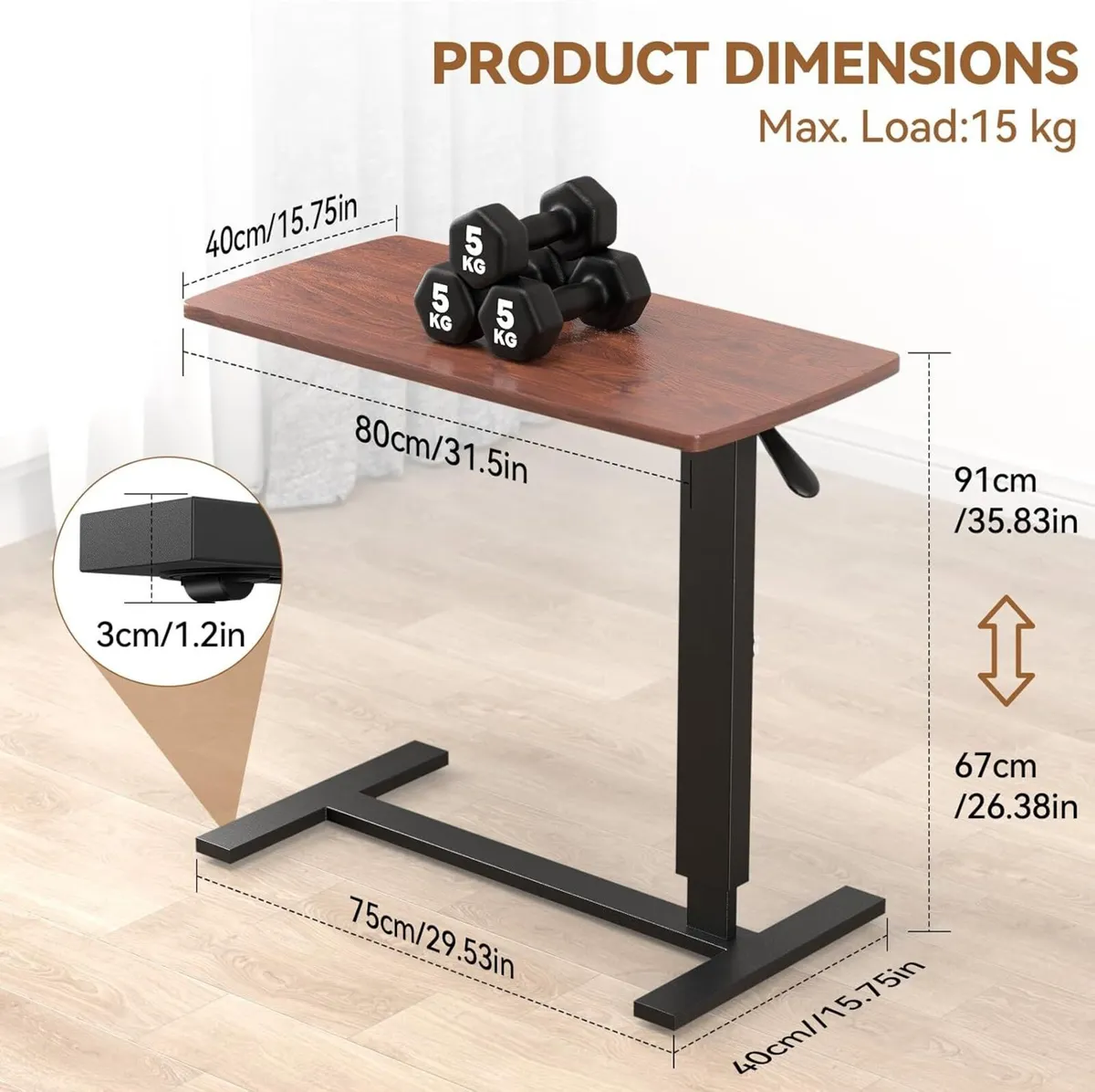Overbed Bedside Table with Wheels 67-91cm - Image 3