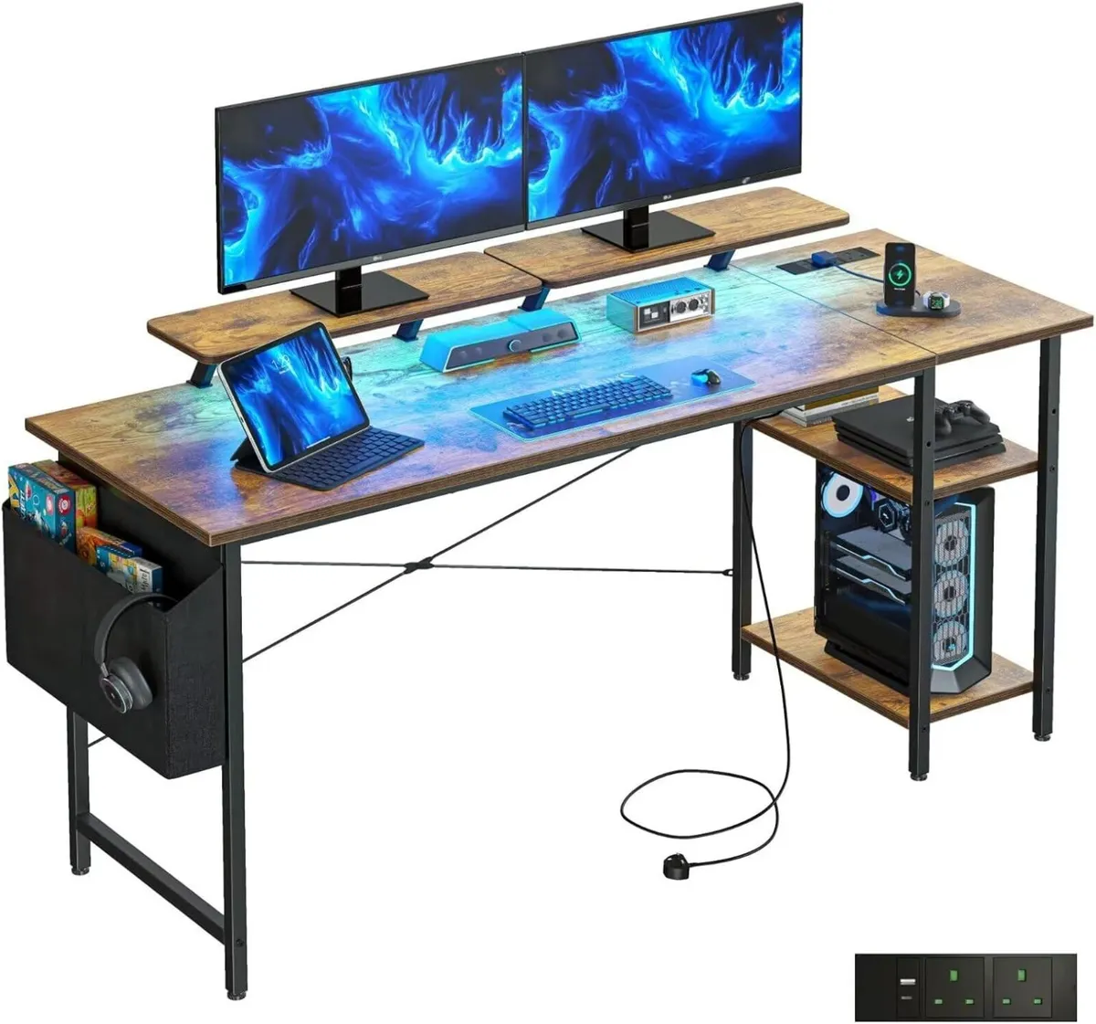 Gaming Desk with LED Lights Power Outlets - Image 1