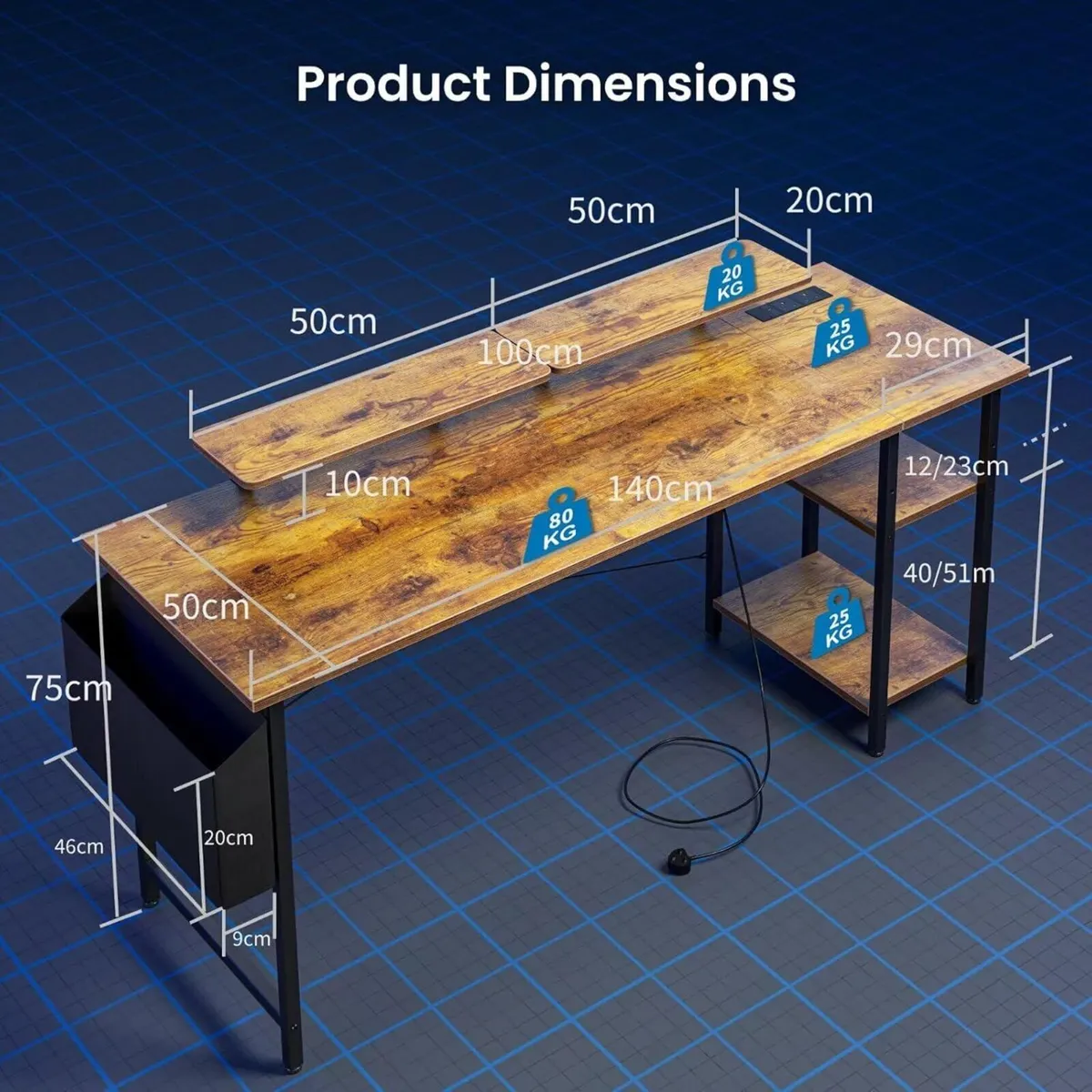 Gaming Desk with LED Lights Power Outlets - Image 2
