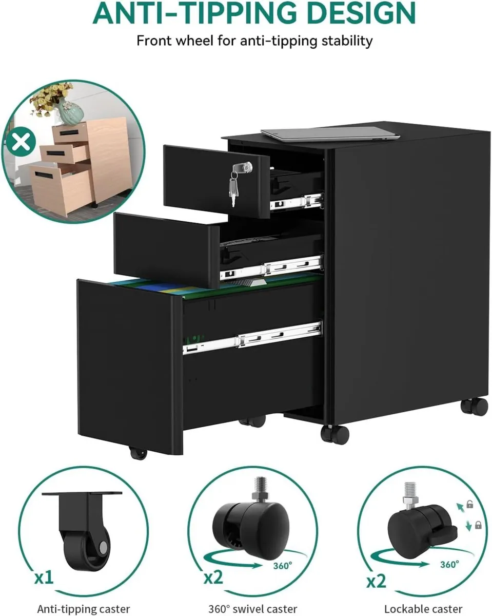 Metal File Cabinet with 3 Lockable Drawers Mobile - Image 4