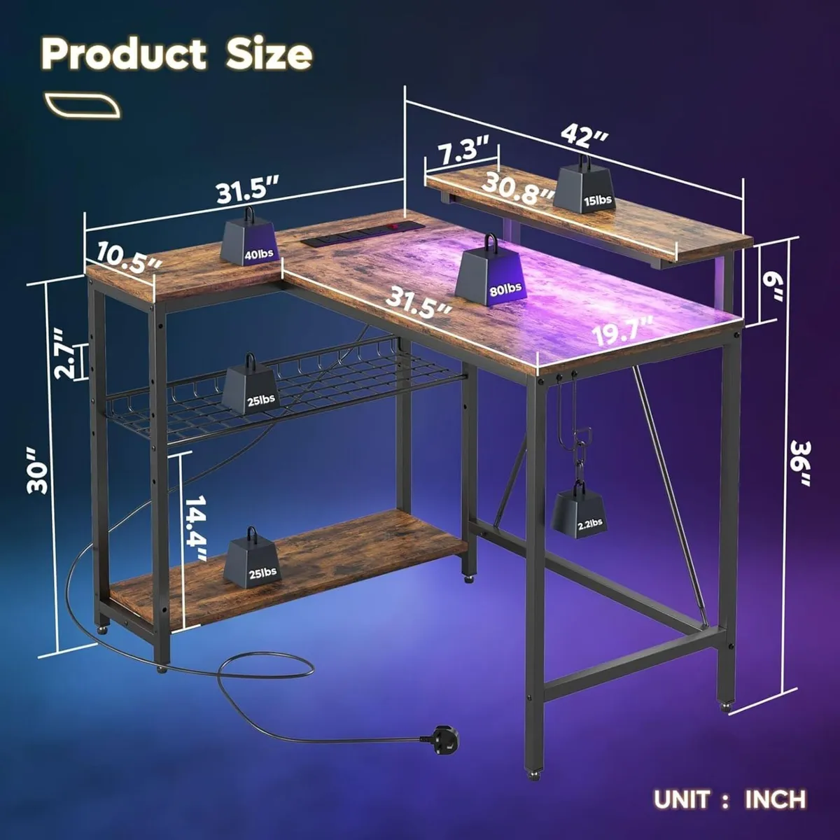 106.5CM L-Shaped Desk with 3 Power Outlets 2 USB - Image 3