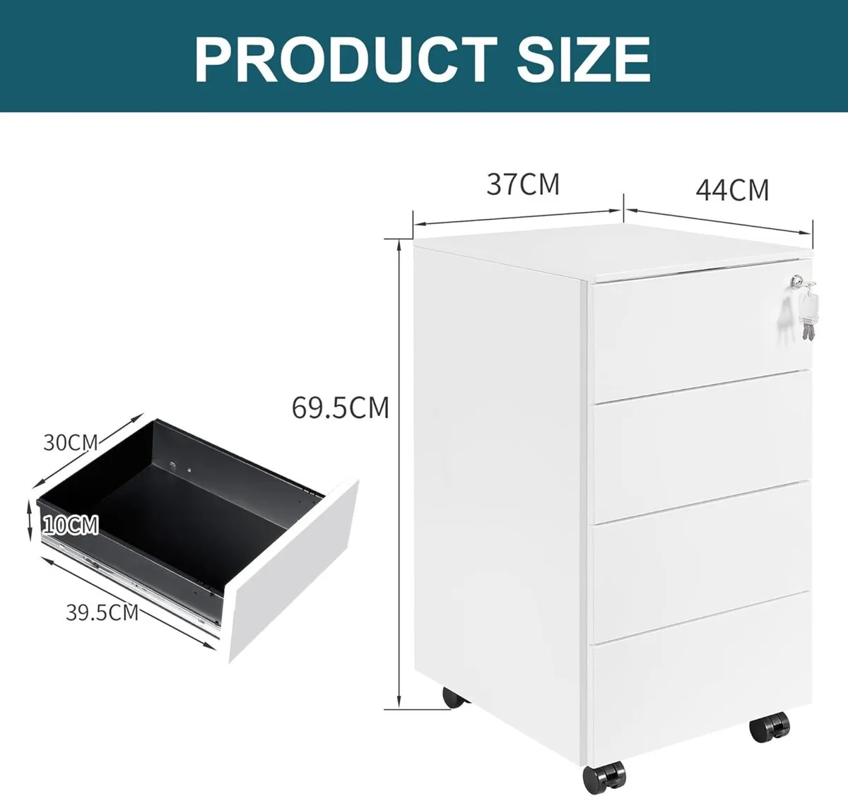 4-Drawer Mobile Filing Cabinet with Lock Steel - Image 3