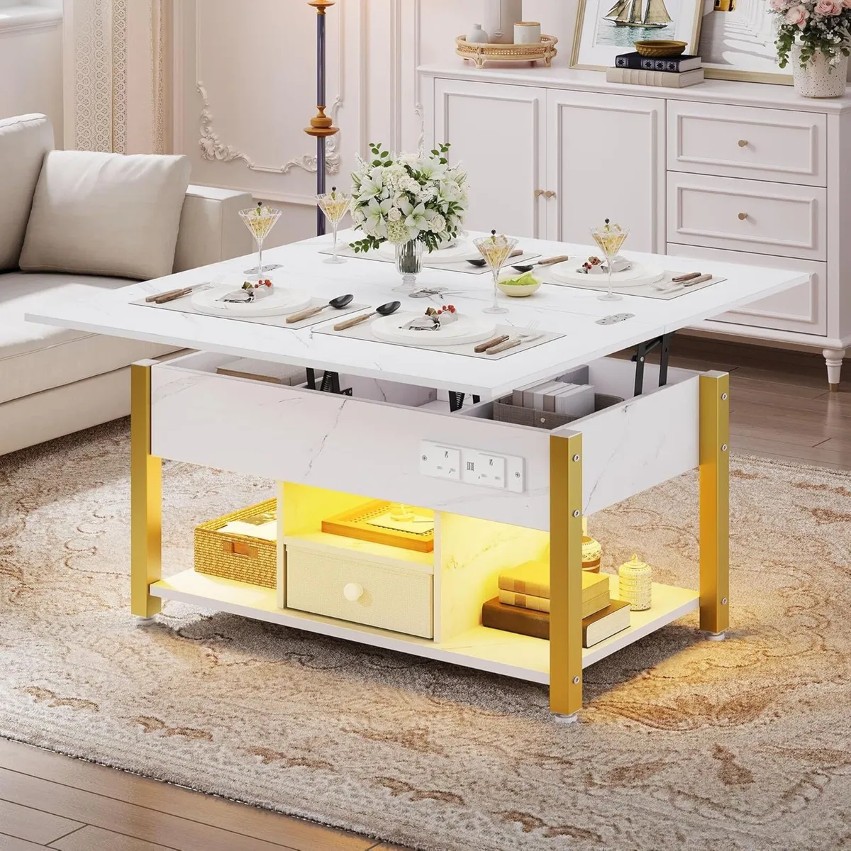 Folding Lift Top Coffee Table with Drawer 4-in-1 - Image 1