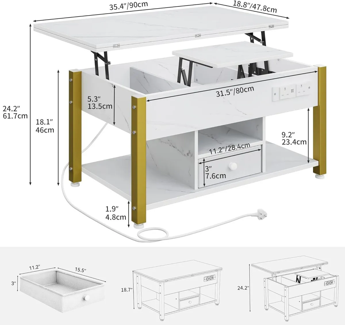 Folding Lift Top Coffee Table with Drawer 4-in-1 - Image 2