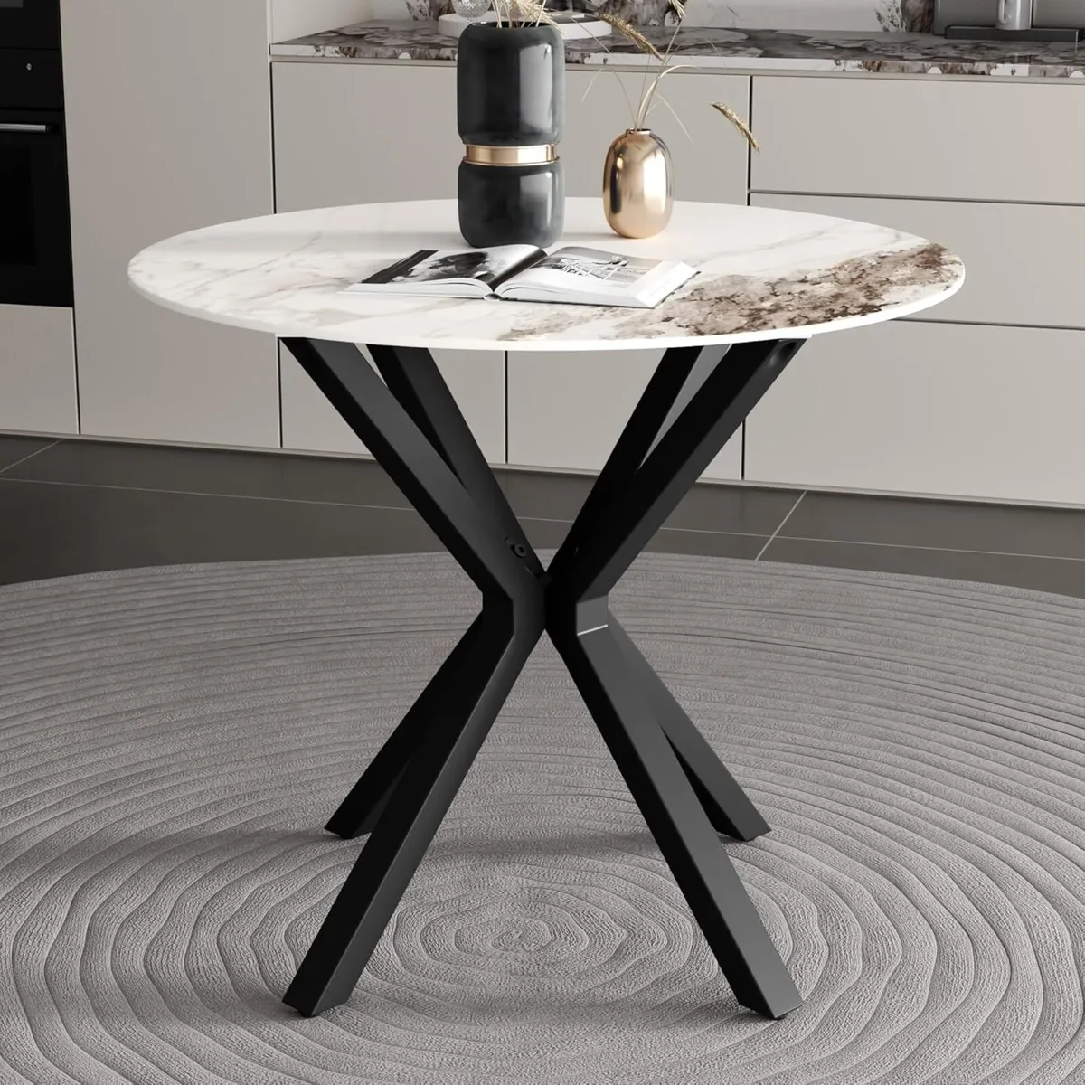 Marble Effect Round Dining Table for 2 with - Image 1