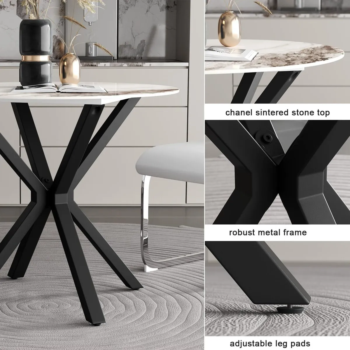 Marble Effect Round Dining Table for 2 with - Image 4