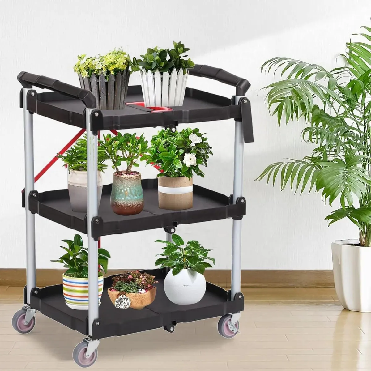 3-Tier Service Carts Folding Rolling Utility Cart - Image 2