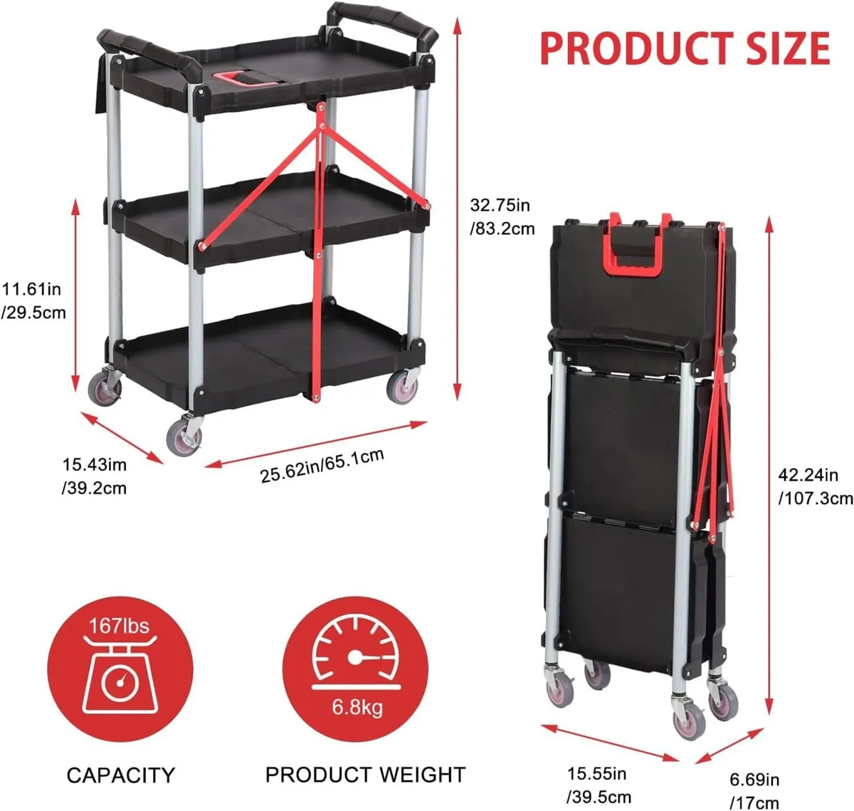3-Tier Service Carts Folding Rolling Utility Cart - Image 3
