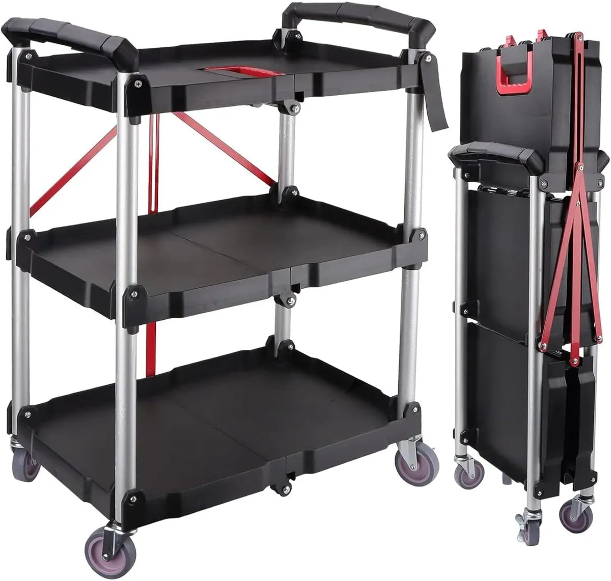 3-Tier Service Carts Folding Rolling Utility Cart - Image 1