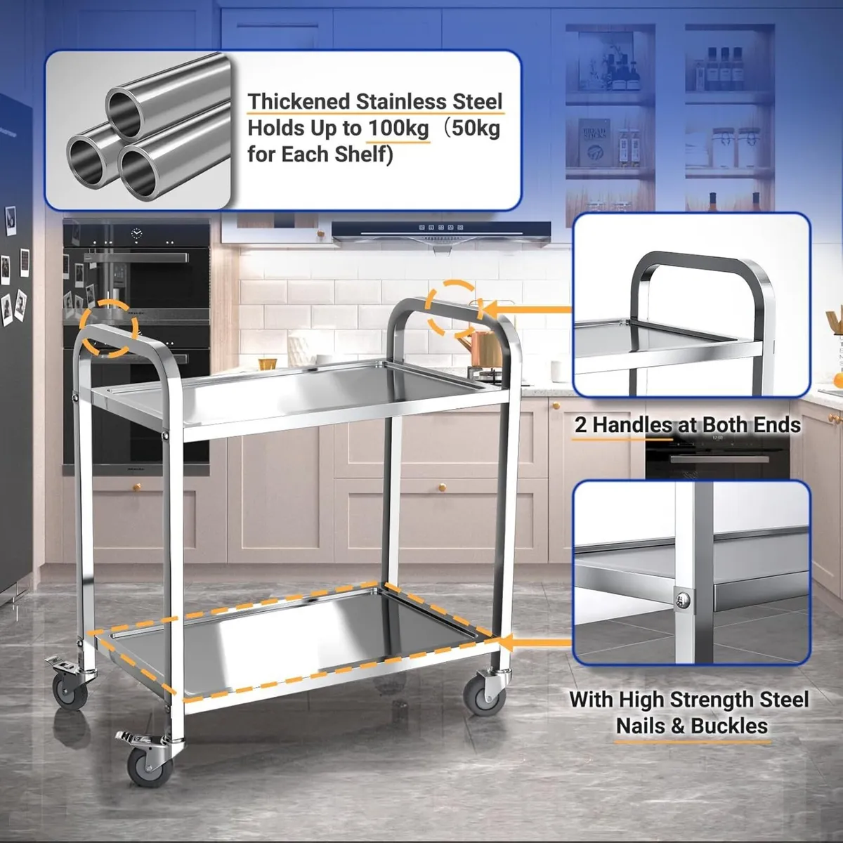 Stainless Steel Kitchen Trolley 2 Tier Utility - Image 4