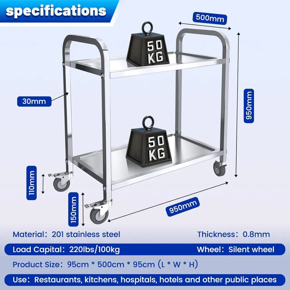 Stainless Steel Kitchen Trolley 2 Tier Utility - Image 2