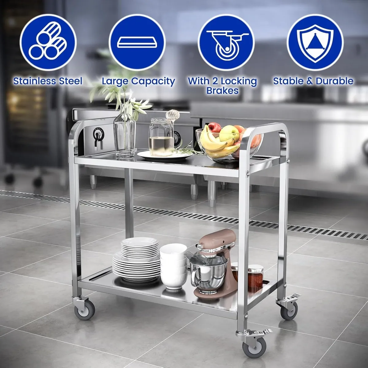 Stainless Steel Kitchen Trolley 2 Tier Utility - Image 3