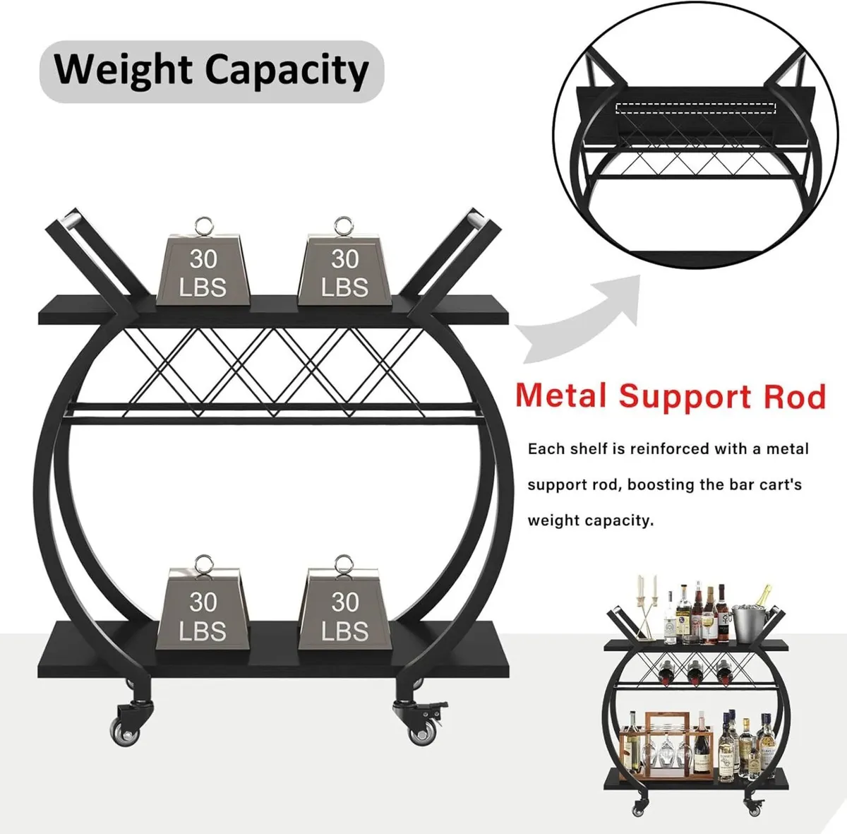 Drinks Trolley Rolling Bar Cart Kitchen on Wheels - Image 4