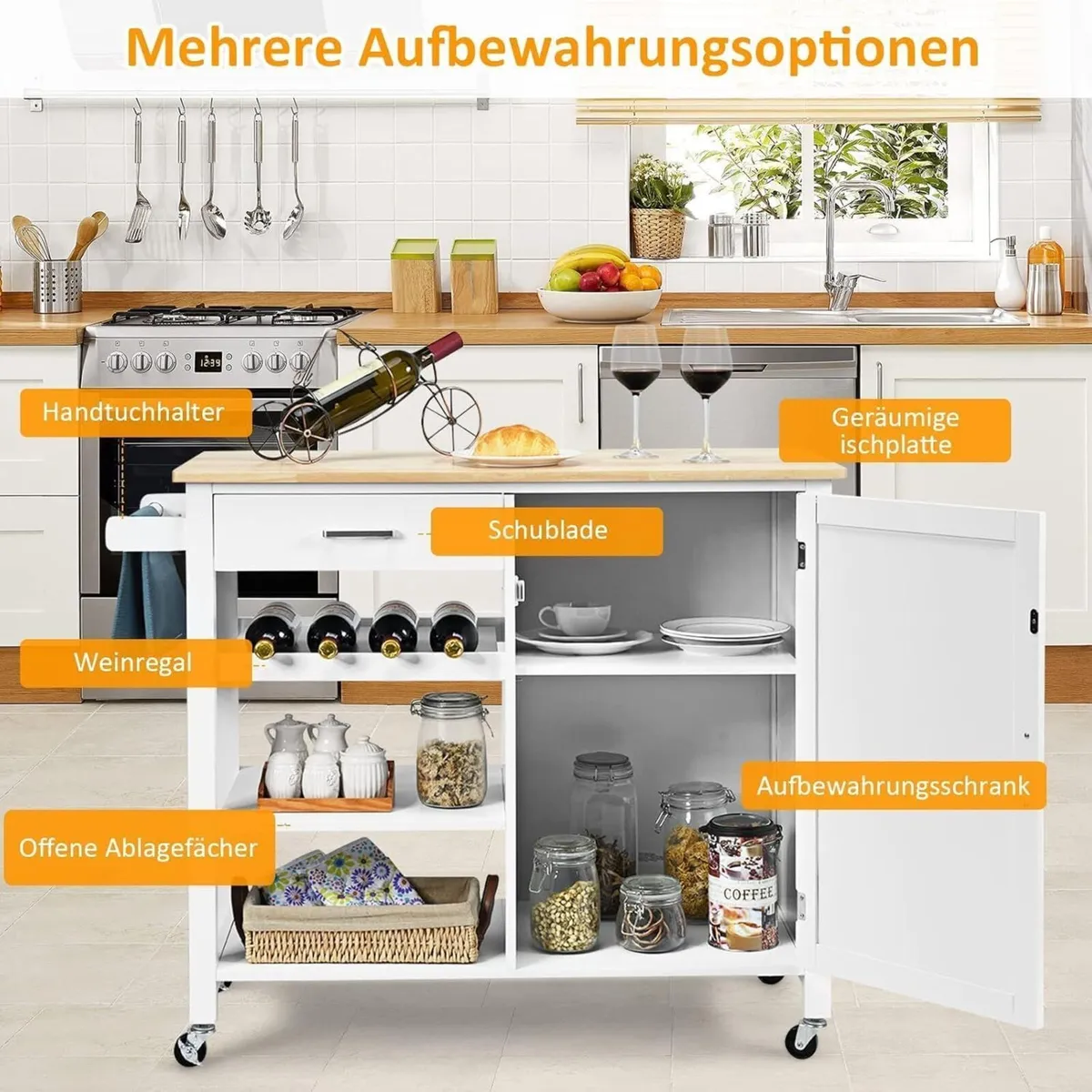 Wooden Kitchen Trolley on Wheels Wine Rack Towel - Image 4