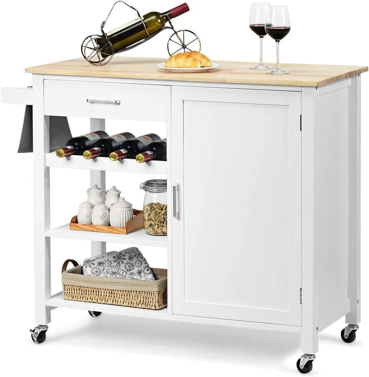 Wooden Kitchen Trolley on Wheels Wine Rack Towel - Image 1