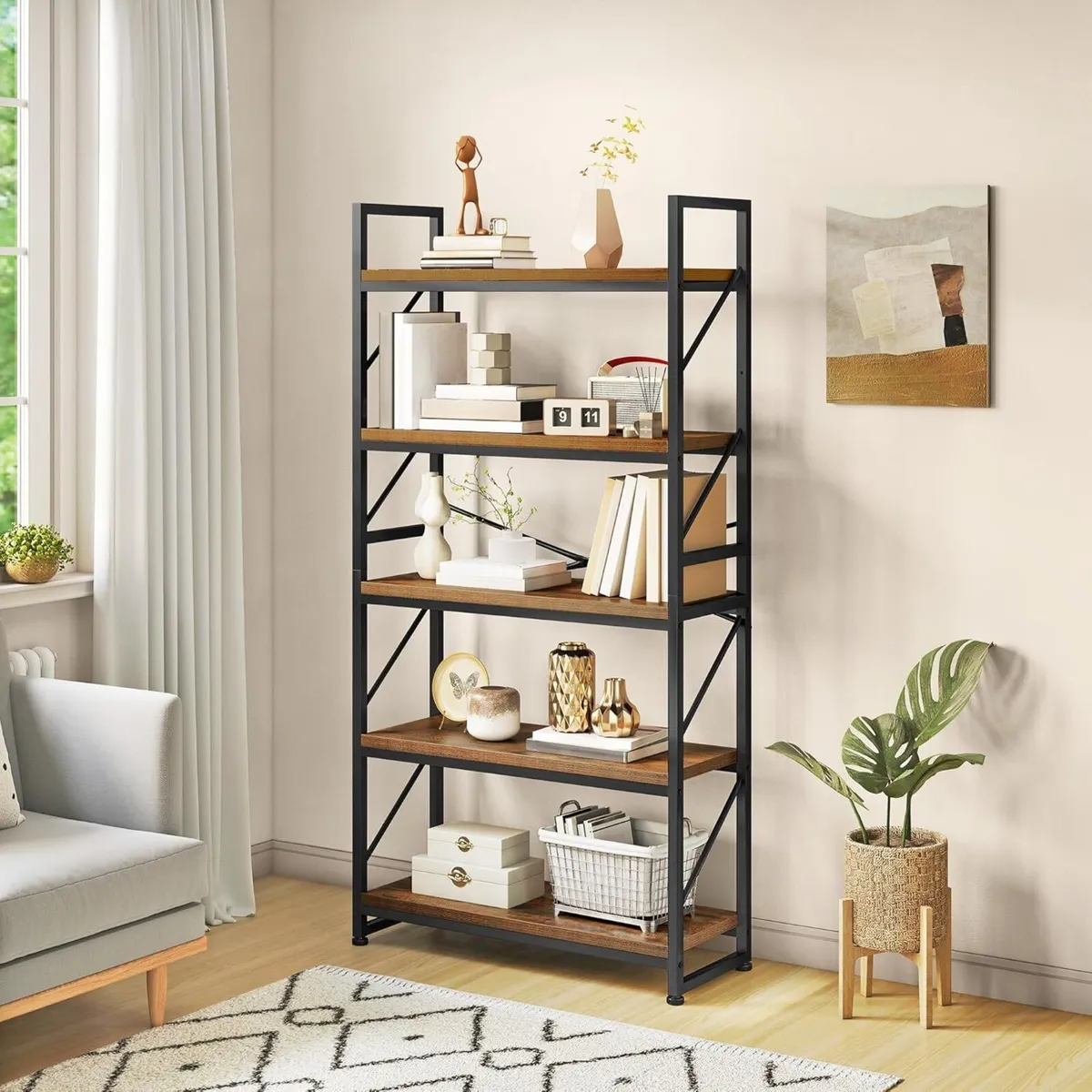 Bookcase 5 Tiers Large Bookshelf Wooden Shelf and - Image 1