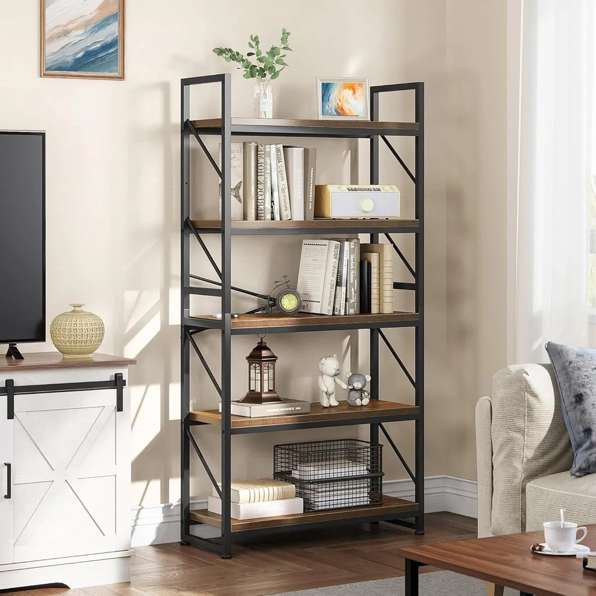 Bookcase 5 Tiers Large Bookshelf Wooden Shelf and - Image 3
