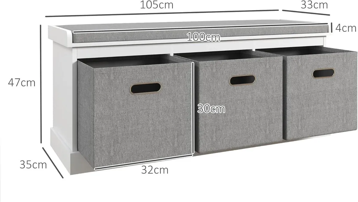 Shoe Bench with 3 Fabric Baskets Storage Seat - Image 3