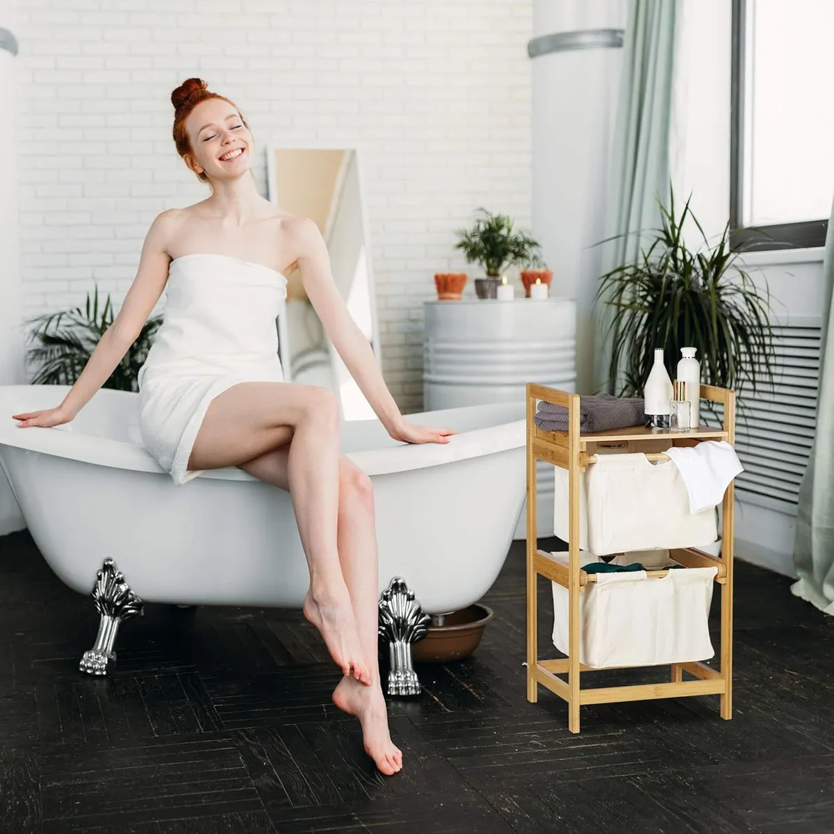 Bamboo Laundry Hamper Clothes Sorter with Shelf 2 - Image 2