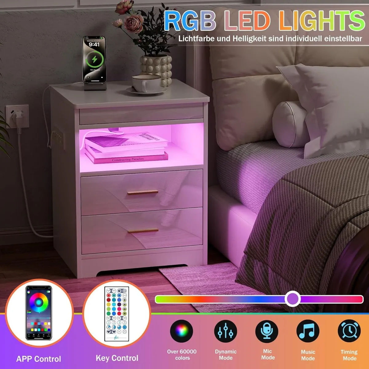 Bedside Table with Charging Station RGB LED Light - Image 4