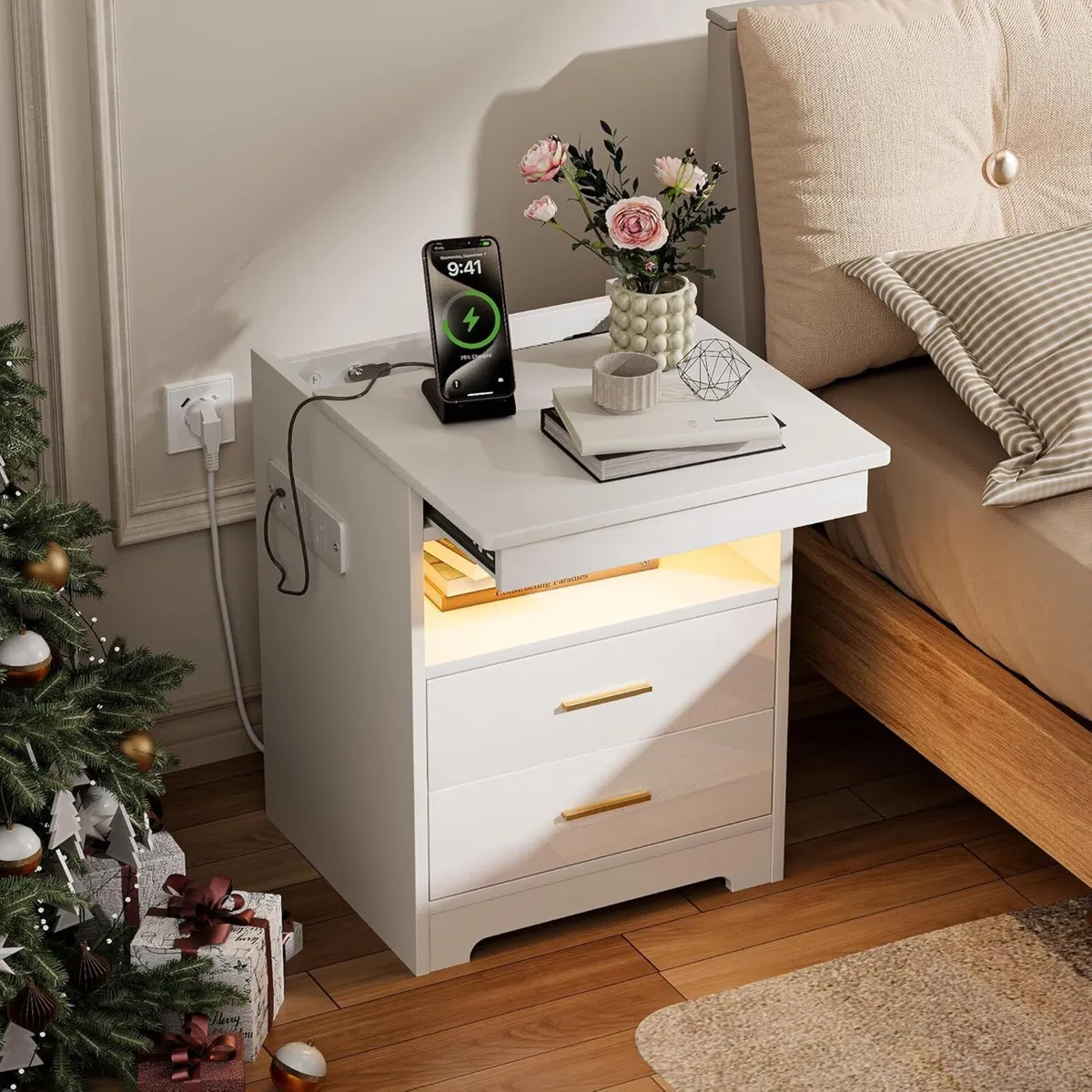 Bedside Table with Charging Station RGB LED Light - Image 1