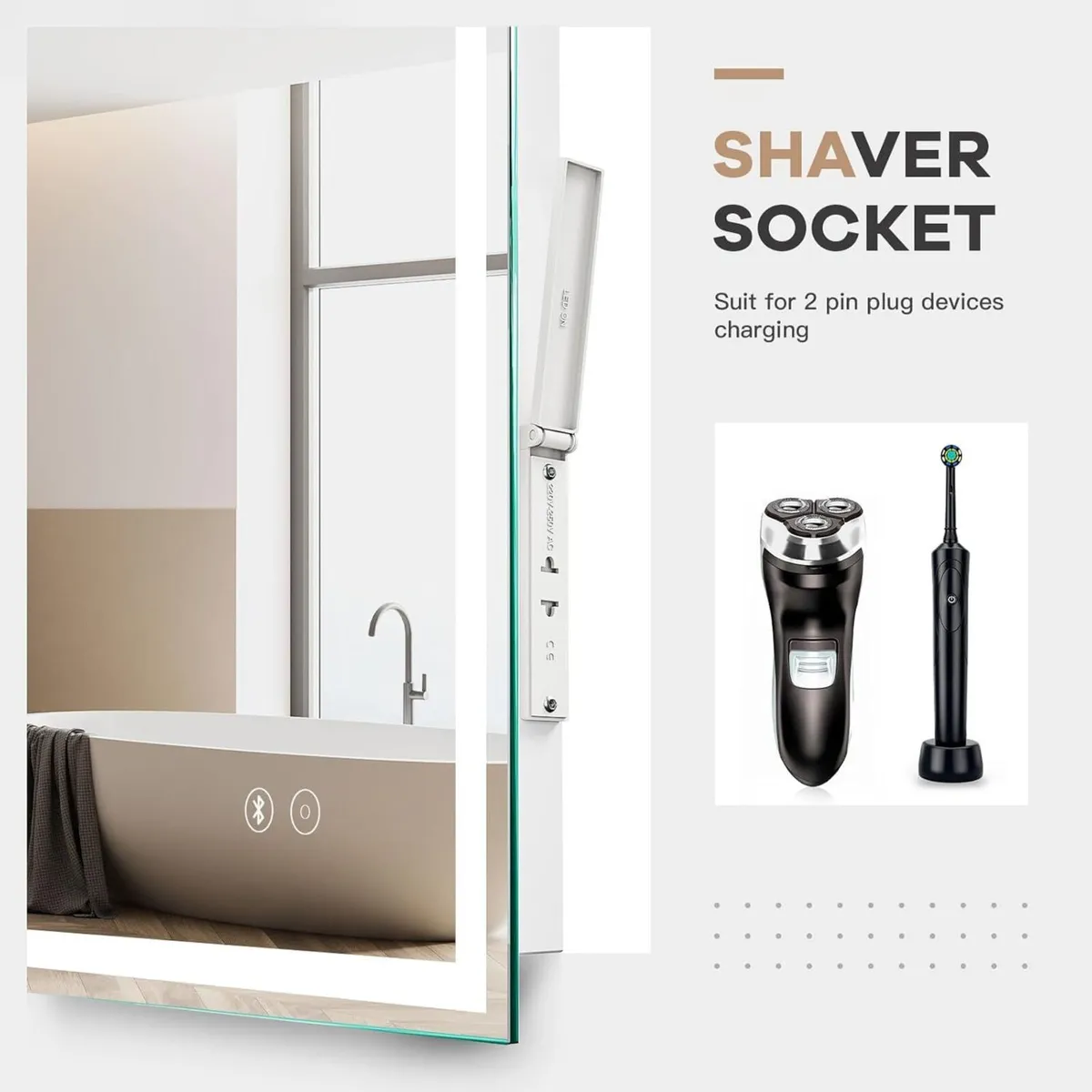 Bluetooth LED Bathroom Mirror with Shaver Socket - Image 4