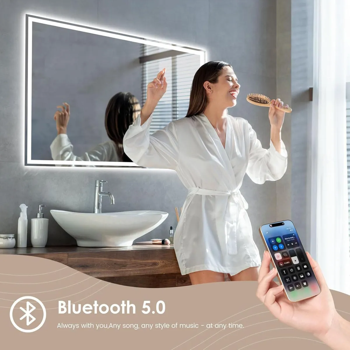 Bluetooth LED Bathroom Mirror with Shaver Socket - Image 3